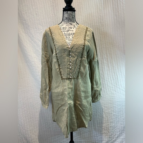 Zara Sz S Sage Green Linen Blend Hi-Low Roll Tab Sleeve Tunic Dress Shell Button - Picture 2 of 16